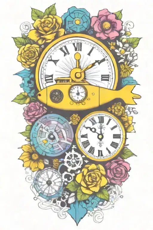 yellow submarine with colorful flowers and clock and rainbow  tattoo design idea
