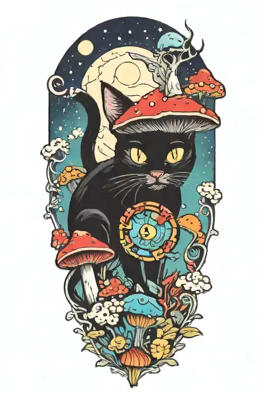 black cat with 3 eye balls and trippy colorful mushrooms with moon melting  tattoo design idea