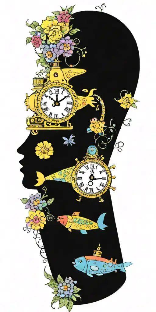 yellow submarine with colorful flowers and clock and rainbow  tattoo design idea