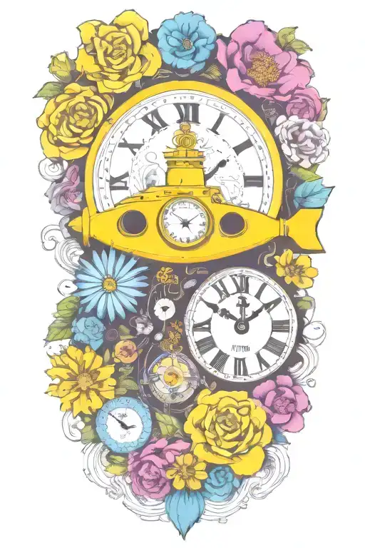 yellow submarine with colorful flowers and clock and rainbow  tattoo design idea