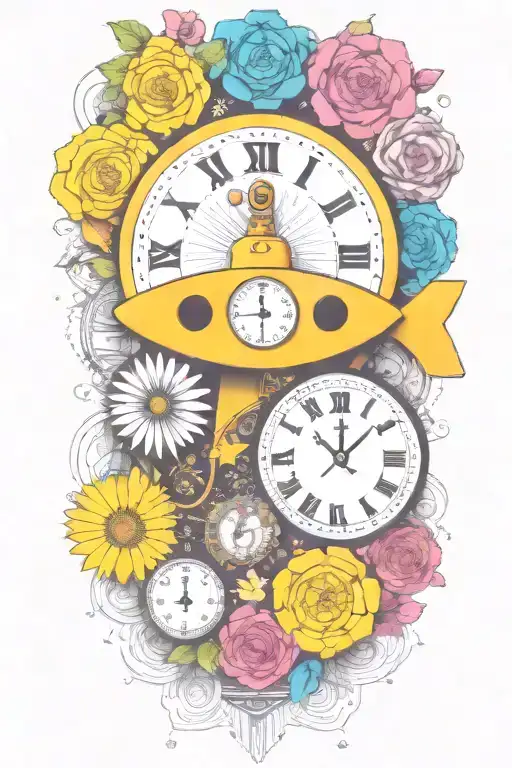 yellow submarine with colorful flowers and clock and rainbow  tattoo design idea