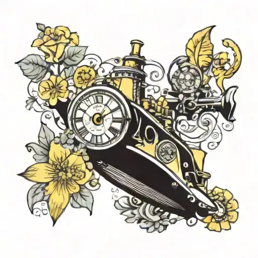 yellow submarine with flowers and clock  tattoo design idea