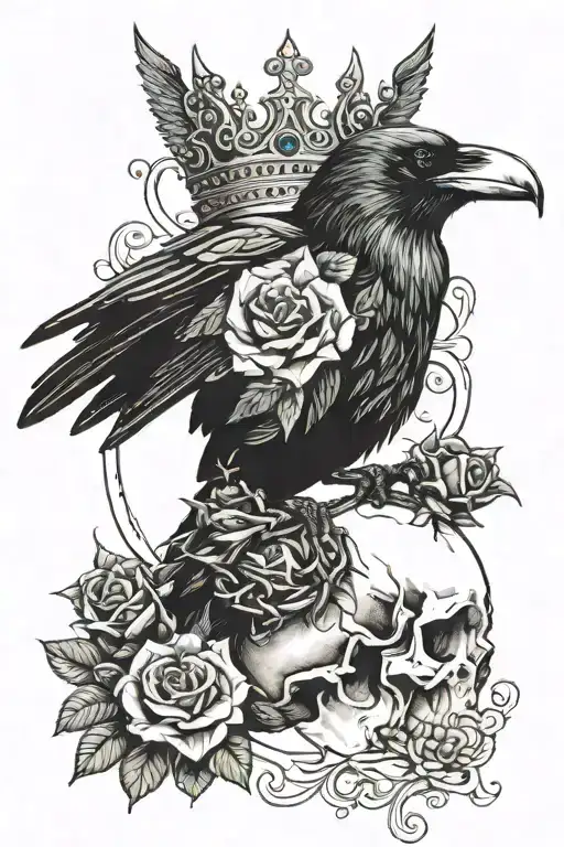 raven wearing crown with blue rose and skull tattoo design idea