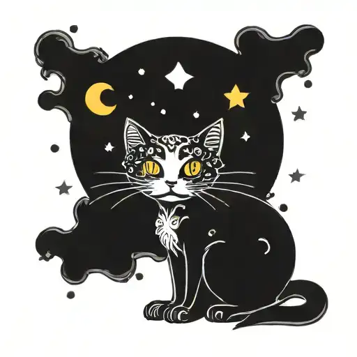 black cat and colorful mushrooms with moon and stars tattoo design idea