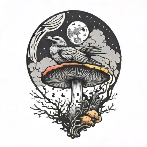 colorful mushroom with ravens and moon tattoo  tattoo design idea