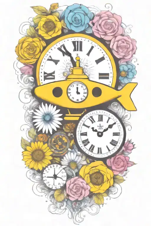 yellow submarine with colorful flowers and clock and rainbow  tattoo design idea