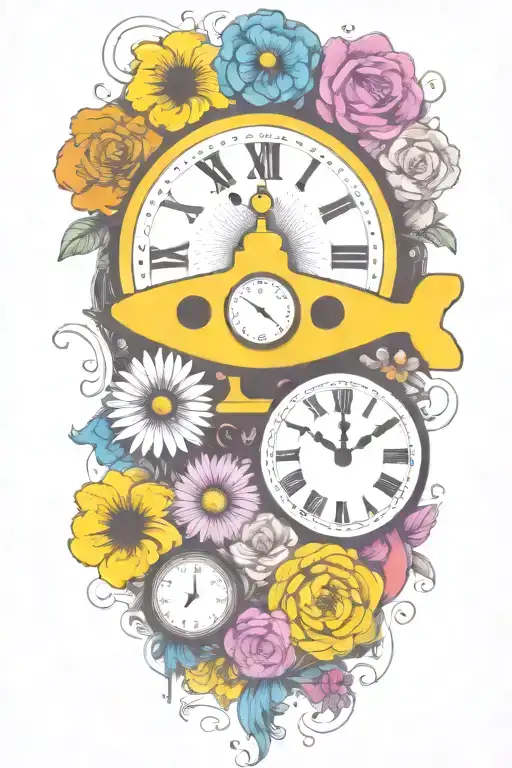 yellow submarine with colorful flowers and clock and rainbow  tattoo design idea