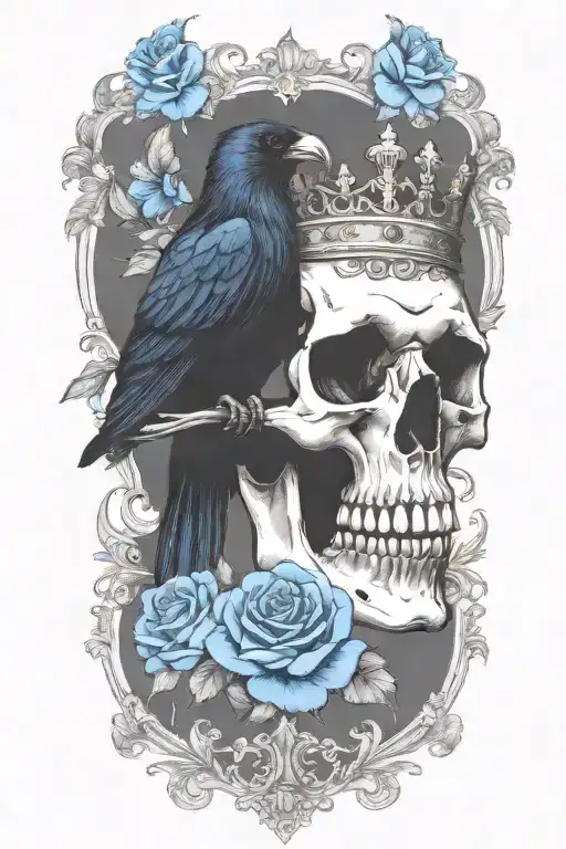 skull wearing crown with raven on and blue roses intertwined tattoo design idea