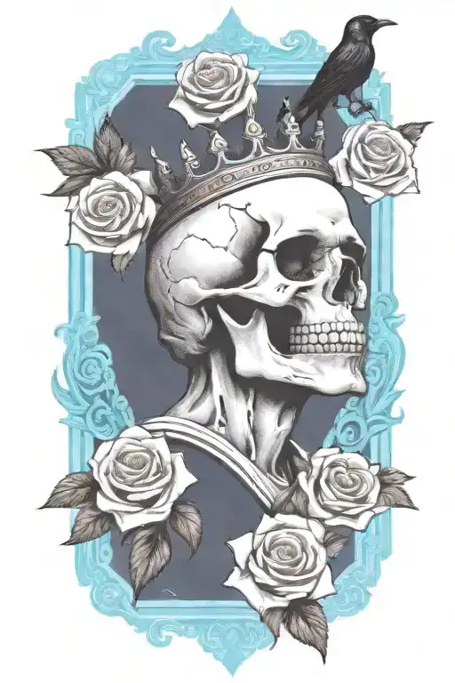 skull wearing crown with raven on skull and blue roses tattoo design idea