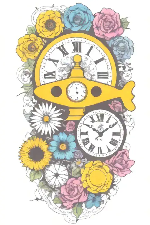 yellow submarine with colorful flowers and clock and rainbow  tattoo design idea