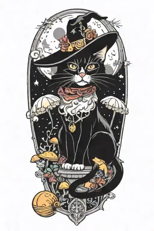 witch cat with moon and stars and colorful mushrooms and bats tattoo design idea