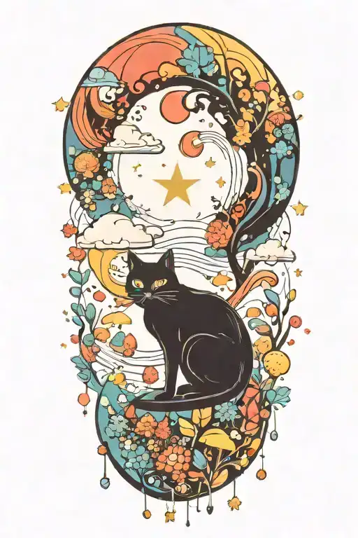 black cat with colorful mushrooms and crescent moon and clouds and stars melting  tattoo design idea