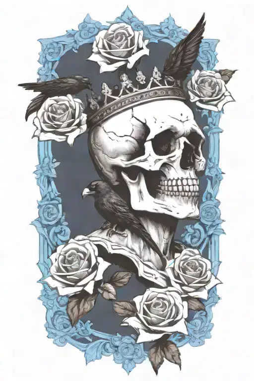 skull wearing crown with raven on skull and blue roses tattoo design idea