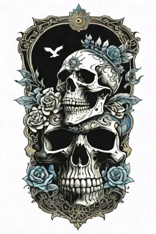 skull wearing crown with raven on and blue roses intertwined tattoo design idea