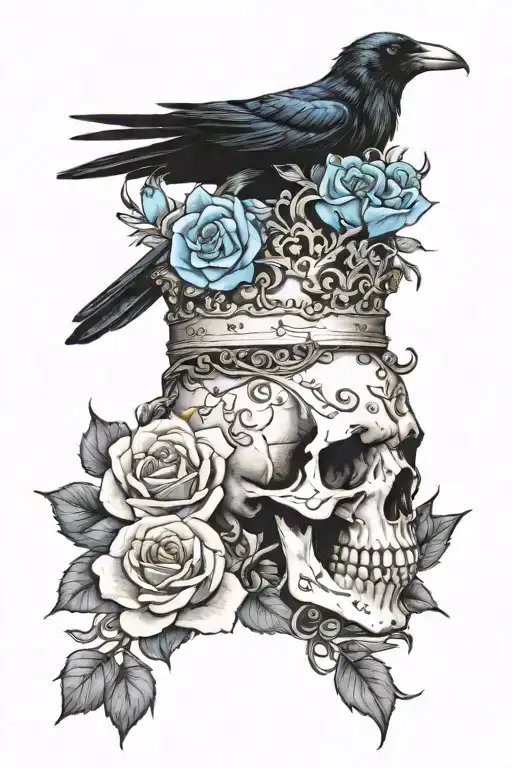 raven wearing crown with blue rose and skull tattoo design idea