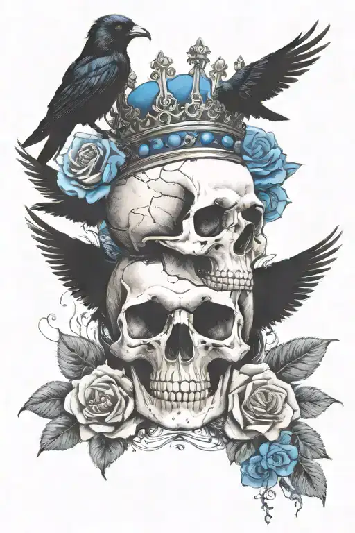 skull wearing crown with raven on headand blue roses intertwined tattoo design idea