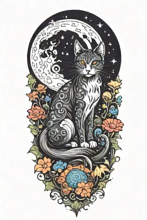 witch cat with moon and stars and colorful mushrooms and bats tattoo design idea