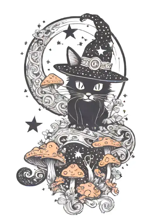 witch cat with moon and stars and colorful mushrooms trippy  tattoo design idea