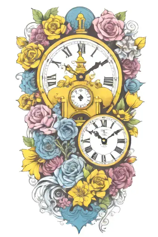 yellow submarine with colorful flowers and clock and rainbow  tattoo design idea