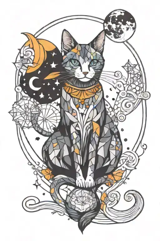 witch cat with moon and stars and colorful mushrooms trippy  tattoo design idea