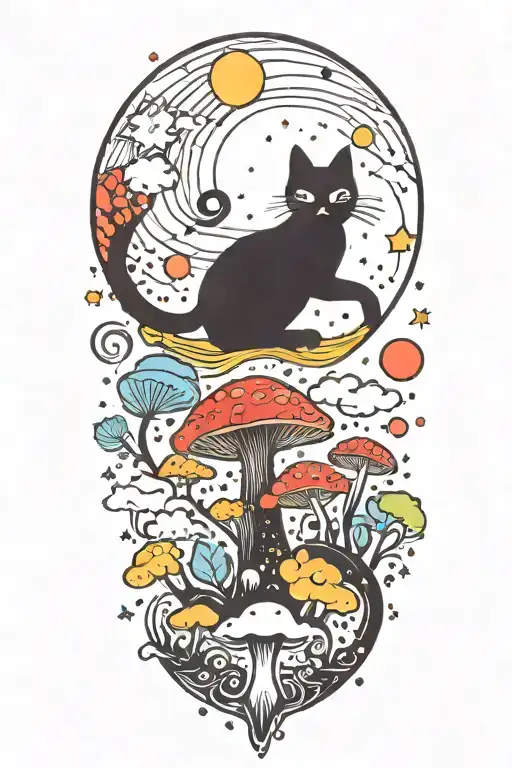 black cat with colorful mushrooms and crescent moon and clouds and stars melting  tattoo design idea