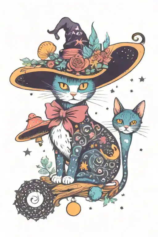 witch cat with moon and stars and colorful mushrooms trippy  tattoo design idea