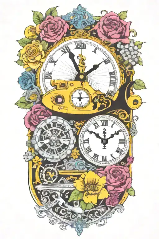 yellow submarine with colorful flowers and clock and rainbow  tattoo design idea