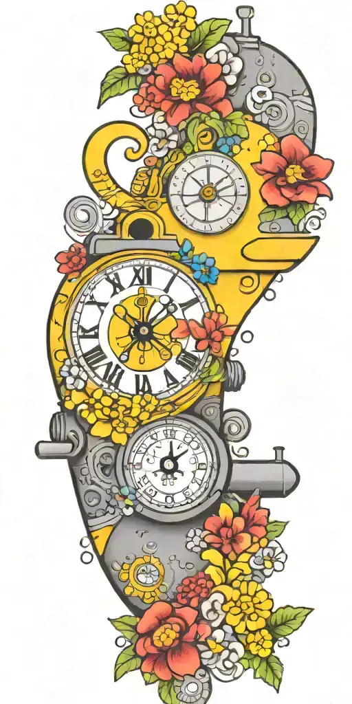yellow submarine with colorful flowers and clock and rainbow  tattoo design idea