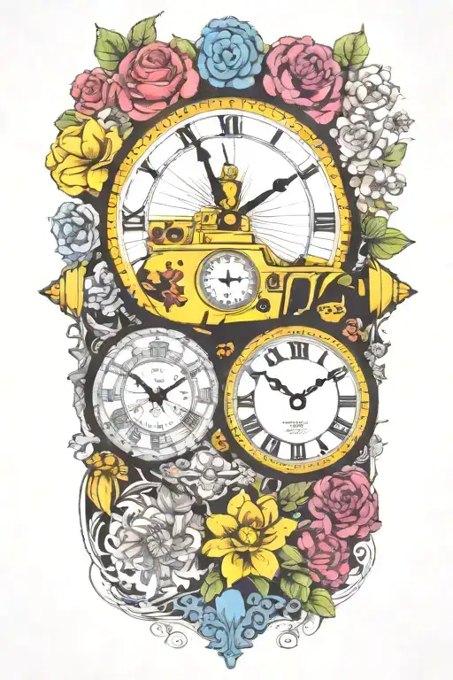 yellow submarine with colorful flowers and clock and rainbow  tattoo design idea