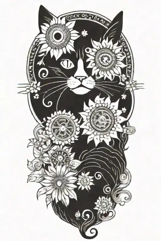 black hippie cat with trippy flowers and sun with peace sign tattoo design idea