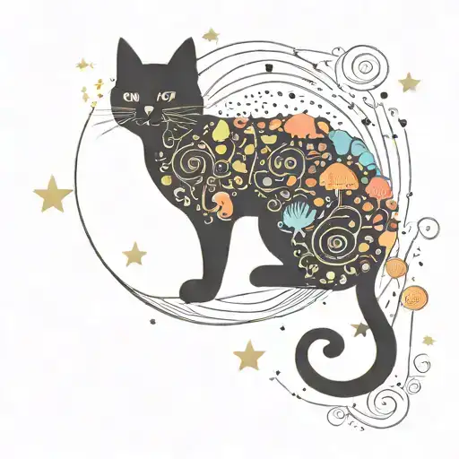 black cat and colorful mushrooms with moon and stars tattoo design idea