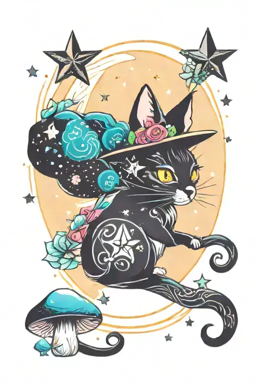 witch cat with moon and stars and colorful mushrooms trippy  tattoo design idea