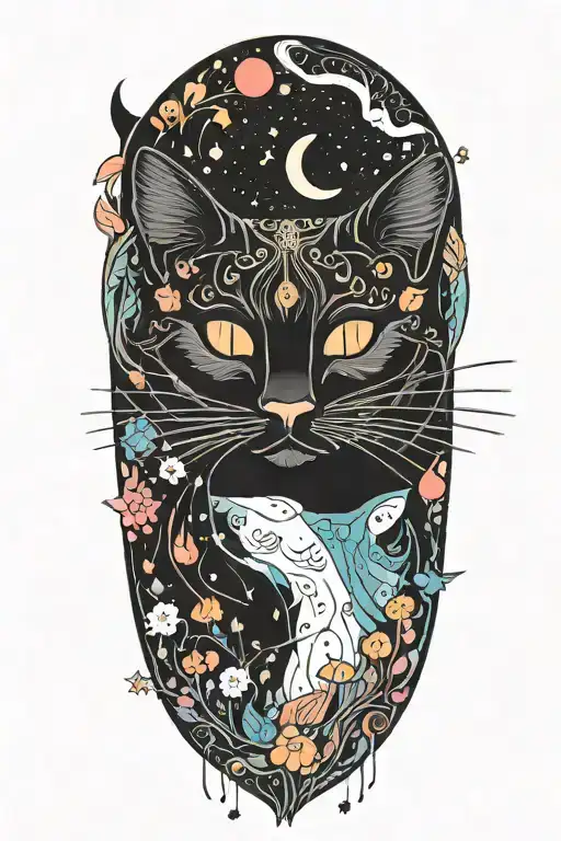 black cat with colorful mushrooms and crescent moon and clouds and stars melting  tattoo design idea