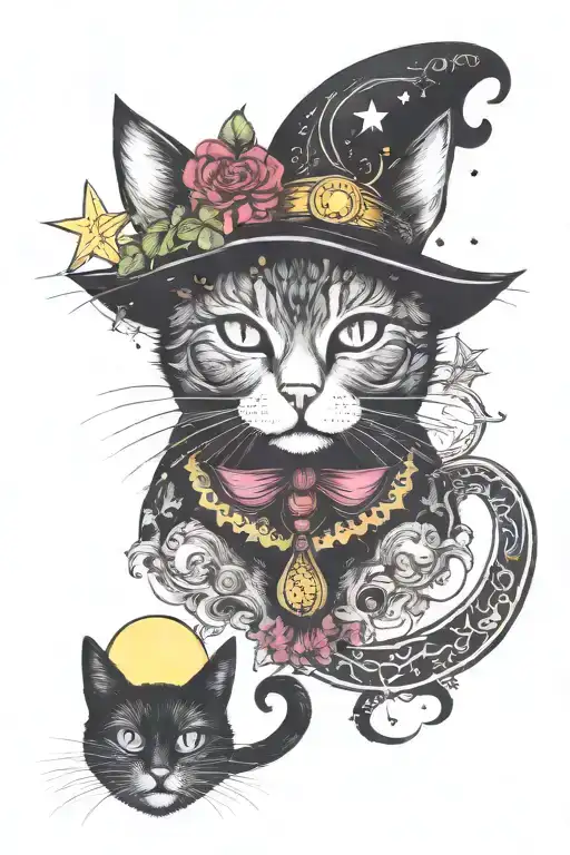 witch cat with moon and stars and colorful mushrooms trippy  tattoo design idea