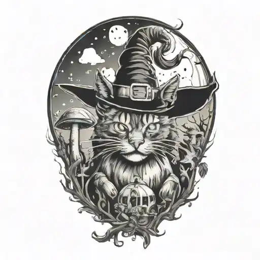 witch cat and moon and mushrooms tattoo design idea