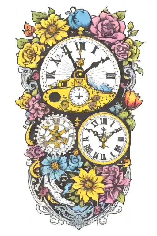 yellow submarine with colorful flowers and clock and rainbow  tattoo design idea