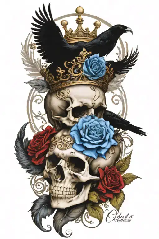 skull wearing crown with raven on headand blue roses intertwined tattoo design idea