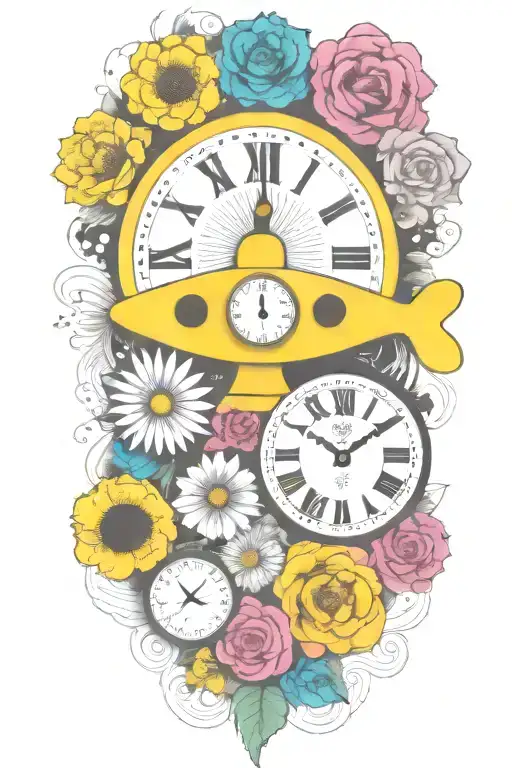yellow submarine with colorful flowers and clock and rainbow  tattoo design idea