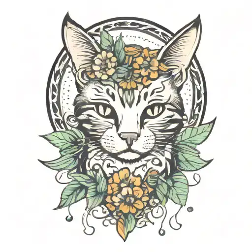 hippie cat and mushrooms  tattoo design idea