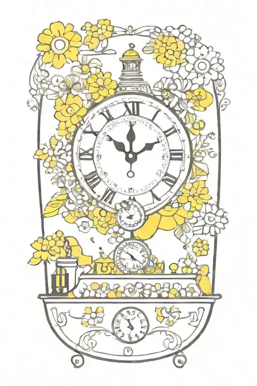 yellow submarine with colorful flowers and clock and rainbow  tattoo design idea