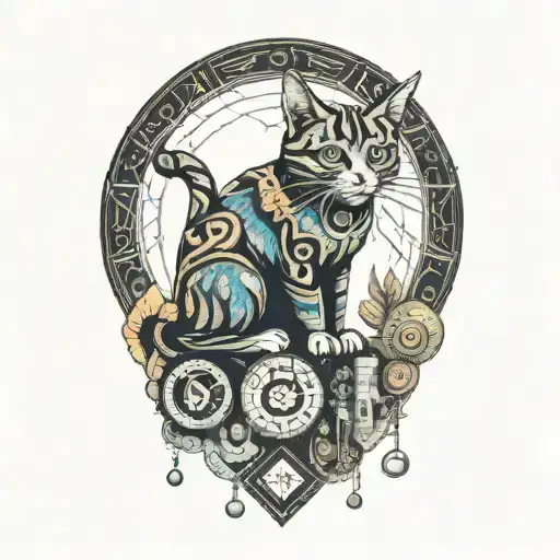 hippie cat and mushrooms  tattoo design idea