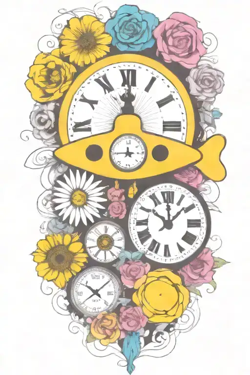 yellow submarine with colorful flowers and clock and rainbow  tattoo design idea