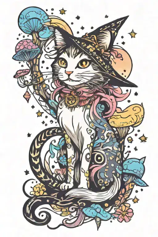 witch cat with moon and stars and colorful mushrooms trippy  tattoo design idea