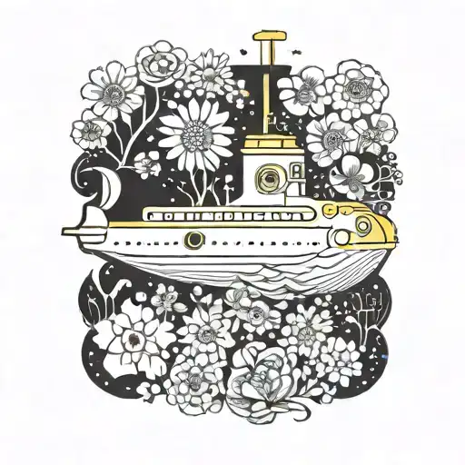 yellow submarine with flowers tattoo design idea