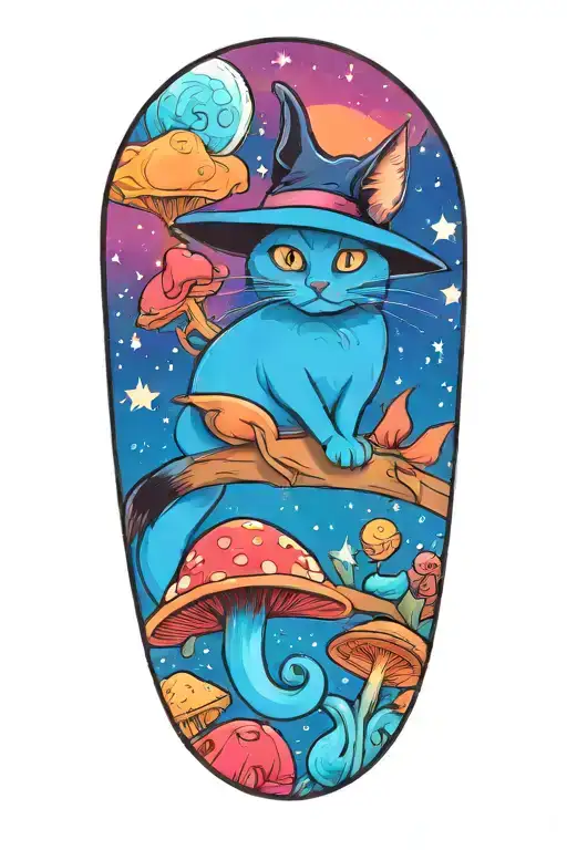 witch cat with moon and stars and colorful mushrooms and bats tattoo design idea