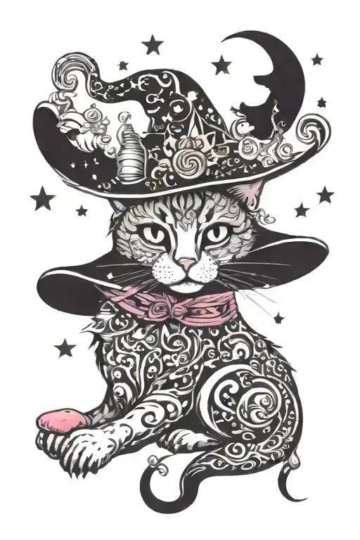 witch cat with moon and stars and colorful mushrooms trippy  tattoo design idea