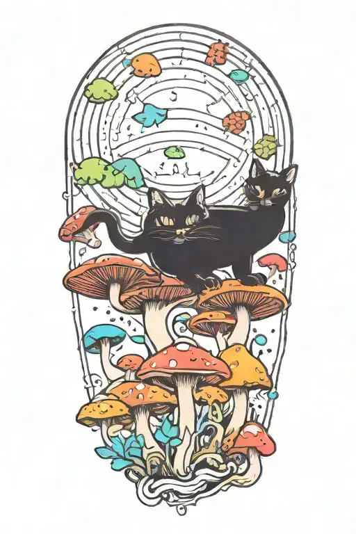 black cat and trippy colorful mushrooms with moon melting  tattoo design idea