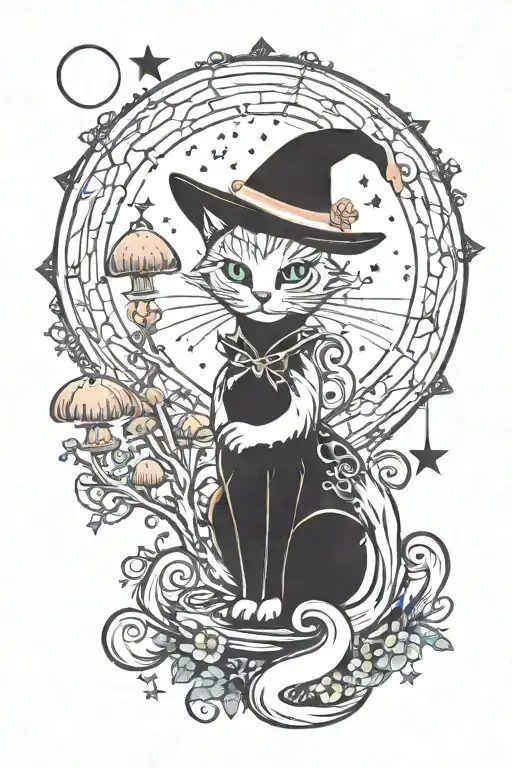 witch cat with moon and stars and colorful mushrooms trippy  tattoo design idea