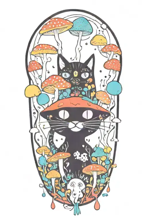 black cat with 3 eye balls and trippy colorful mushrooms with moon melting  tattoo design idea