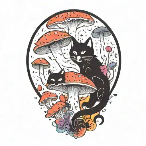 colorful mushroom with black cat tattoo design idea